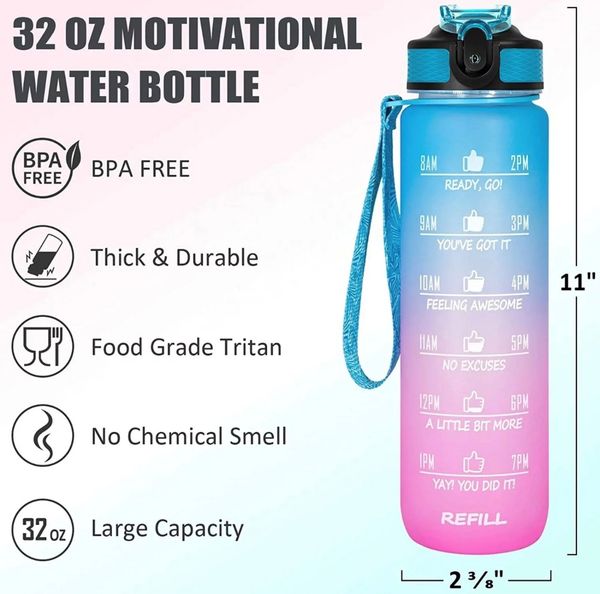 Botells Trinkflasche Sportflasche Wasserflasche 1l, Trink Motivation, Strohhalm, Shakerball, leicht, auslaufsicher, motivierend, robust