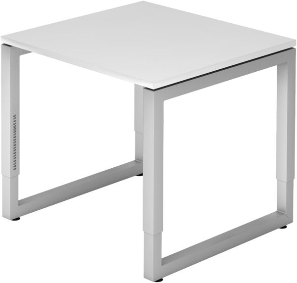 bümö höhenverstellbarer Schreibtisch R-Serie 80x80 cm in weiß, Gestell in Silber - PC Tisch klein für's Büro manuell höhenverstellbar, Computertisch verstellbar, RS-08-W-S