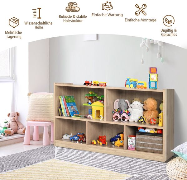 Spielzeugschrank aus Holz Kinderregal mit 5 Fächern 111 x 30 x 61,5 cm Natur