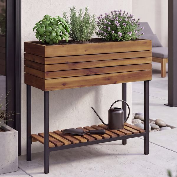 Hochbeet HWC-P84, Pflanzbeet Blumen-/Pflanzkasten Pflanzkübel, Ablage Outdoor Akazie Holz FSC® 79 x 80 x 31 cm ~ braun