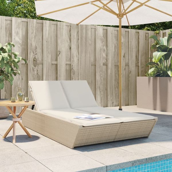 Doppel-Sonnenliege, Gartenliege mit Auflagen Beige Poly Rattan