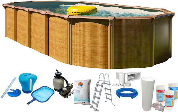 KWAD Ovalpool Wood Design, inkl. Sicherheitsleiter & Zubehör, sandfarbene Innenfolie (Set, 10-tlg), Höhe: 132 cm, inkl. Wasserpflege-Set