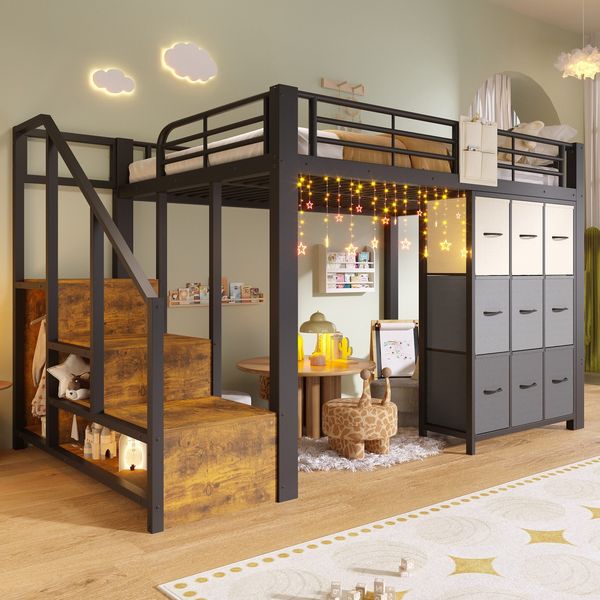 Hochbett mit Aufbewahrungsboxen, Lattenrost und Taschen, Treppe mit Regal und Kleiderschrank, 140x200 cm, Kinderbett mit Rausfallschutz, Metallbett