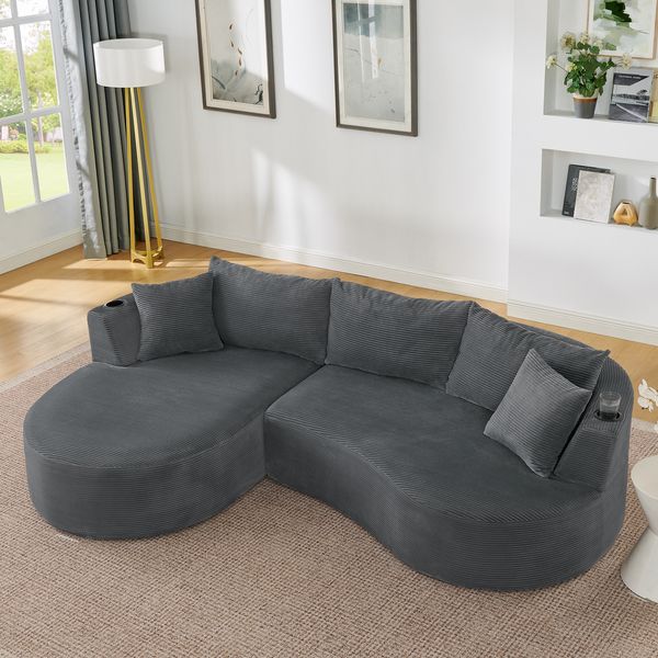 Flieks Sofa set, 2-Sitzer + Rechte Chaiselongue, mit Getränkehalter & Kissen, Bogenförmiges Design, Cordstoff, Grau