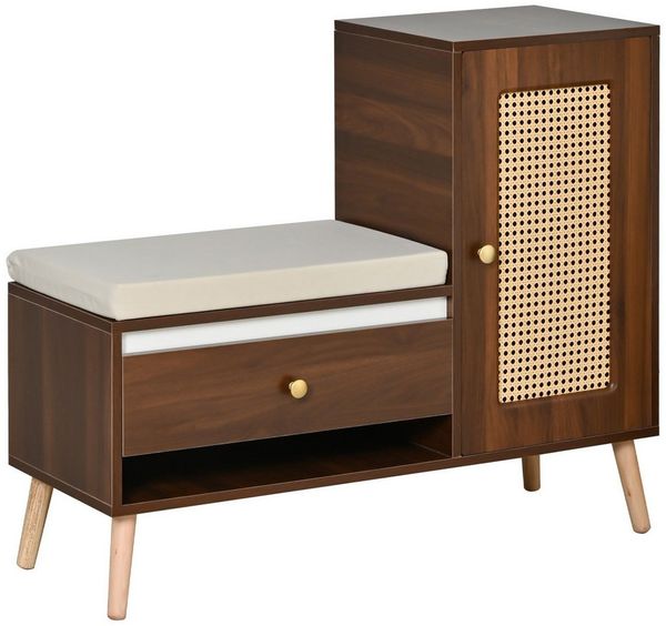 Yorbay Schuhschrank mit Rattan-Optik & Sitzpolster,Garderobenbank mit Schubladen (95,5 x 35 x 80,5 cm)