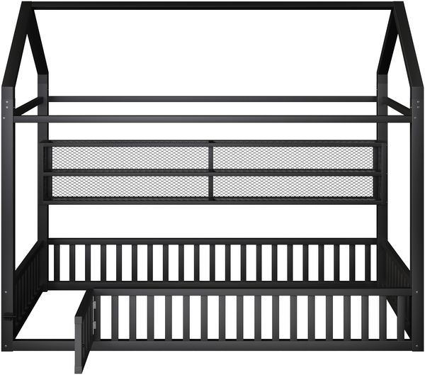 90x200 Hausförmiges Plattformbett mit Zaun und LED-Beleuchtung, Schwarz