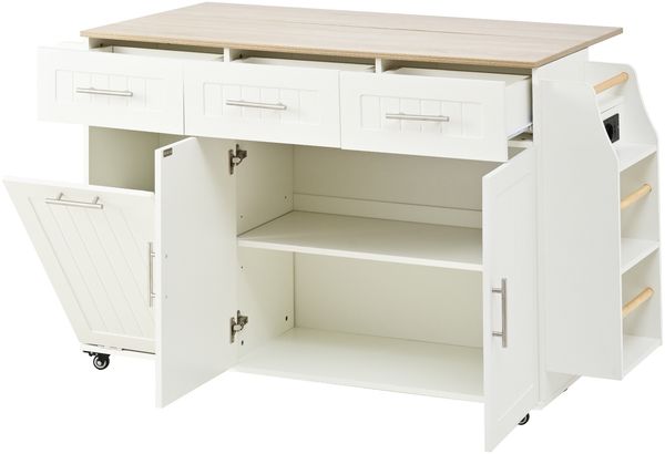 Flieks Küchenwagen mit Steckdose & klappbarer Arbeitsplatte, Schubladen, Schranktüren & offenen Fächern, Gewürzregal & Handtuchhalter, Esszimmerwagen mit Holzmaserung, Weiß Bild 8