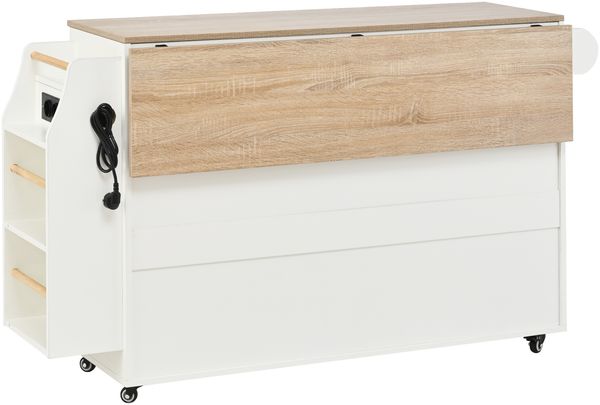 Flieks Küchenwagen mit Steckdose & klappbarer Arbeitsplatte, Schubladen, Schranktüren & offenen Fächern, Gewürzregal & Handtuchhalter, Esszimmerwagen mit Holzmaserung, Weiß Bild 9