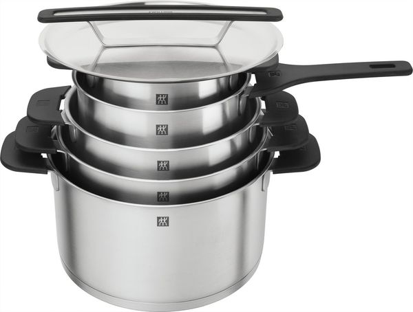 Zwilling Topf-Set More, Edelstahl 18/10 (Set, 5-tlg, 4 Kochtöpfe (16, 20, 22, 24 cm), 1 Stieltopf (18 cm), Stapelbar, innovativer Deckel, Kühlbleibende Griffe, Deckelhalterung Bild 2