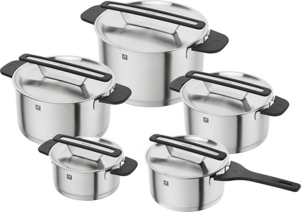 Zwilling Topf-Set More, Edelstahl 18/10 (Set, 5-tlg, 4 Kochtöpfe (16, 20, 22, 24 cm), 1 Stieltopf (18 cm), Stapelbar, innovativer Deckel, Kühlbleibende Griffe, Deckelhalterung