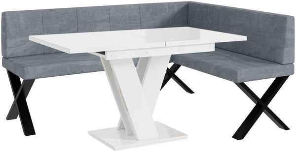MEBLINI Eckbank für Esszimmer mit ausziehbarem Tisch - Küchenbank - Essecke - Sitzecke Küche - PETER - X-Beine 128x168x87cm Rechts - Grau Samt/M Weiß Hochgl.