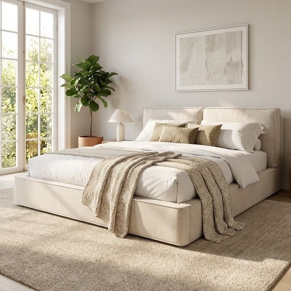 KLAM HOME Polsterbett Beiges Polsterbett aus Chenille mit gepolstertem hohem Kopfteil (Doppelbett 180x200 cm mit Hydraulik-Stauraum und Lattenrost), Funktionsbett mit Unterbettstauraum für aufgeräumtes Schlafzimmer