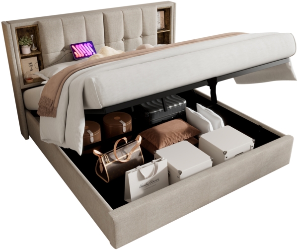 Polsterbett 160x200 cm mit Bettkasten, kabellosem Laden, USB-C und Leinenbezug,Natürlich