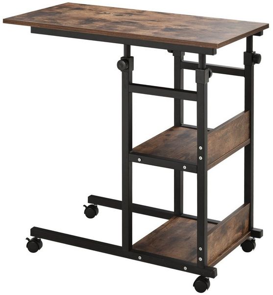 HOMCOM Beistelltisch Couchtisch mit Rollen, Höhenverstellbarer Schreibtisch mit 2 unteren Regalen, Sofatisch Laptoptisch, Betttisch, für Esszimmer Wohnzimmer, Metall, Rustikal-Braun, 80 x 40 x 72-82 cm