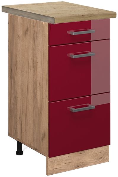 Küchenunterschrank R-Line Rot Hochglanz 40 cm mit Schubladen, AP Eiche Vicco