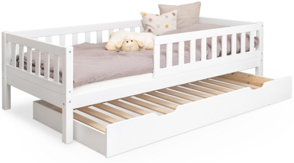 Ehrenkind Kinderbett mit Rausfallschutz aus massivem Kieferholz, Kinderbett 90x200 cm (zeitlos, hochwertig und auch für ältere Kinder geeignet, aus FSC zertifiziertem Holz), Jugendbett, Kinderbett mit Rausfallschutz