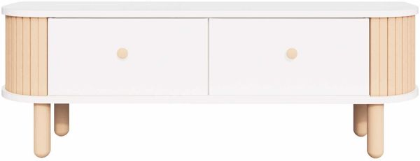 Stilvoller TV-Ständer, 120 cm breit, Weiß & Natur, 100% melaminbeschichtet, 18 mm dick, mehrere Ablagen, Kunststoffbeine