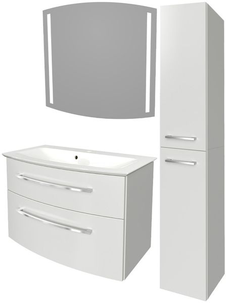 FACKELMANN B.STYLE Badmöbel Set 4-teilig 83 cm breit, Weiß + LED Spiegel + Hochschrank Türanschlag rechts
