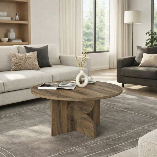 moebel17 Couchtisch moebel17 Couchtisch rund 75 cm Travertin-Optik Beige Wohnzimmertisch (Einzelmöbel, 1-St, Besteht aus 1 Couchtisch), Pflegeleichte Oberfläche, Granitoptik