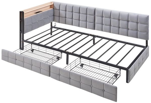 KLAM HOME Schlafsofa 90 X 200cm Gepolstertes Schlafsofa mit USB- und Typ-C-Anschluss, multifunktionales Kinder-Bootsbett, Schlafsofa Einzelbett Beige
