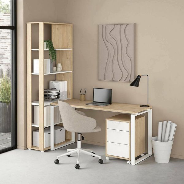 Dmora - Schreibtisch Severine, Mehrzweckschreibtisch, Bürotisch für PC, Eckschreibtisch, 184x80 h205 cm, Eiche und Weiß