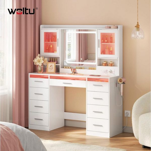 Woltu Schminktisch (1-St), mit RGB- und LED-Beleuchtung mit transparenter Glasplatte