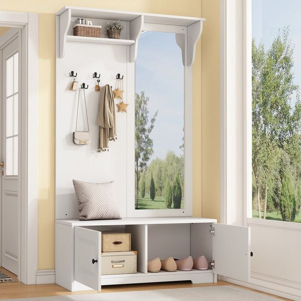 Merax Garderoben-Set mit Spiegel, (1-St, Garderobenkombination für stilvolle Ordnung im Eingangsbereich), Flurgarderobe mit 5 Haken, 2 Schränken, Regal, Schuhschrank & Sitzbank