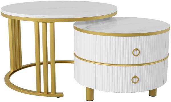 Couchtisch-Set 70x70x46 + 50x50x40 cm, MDF mit Marmormuster und Hochglanzplatte, 2 runde Tische mit Schubladen, Gold und Weiß