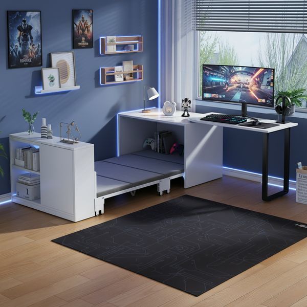 Flieks 2-in-1 Schreibtisch mit Klappbett 188x90 cm – Multifunktionaler Raumsparer mit 4 cm dicke Matratze, Rollen & Stauraum, weiß