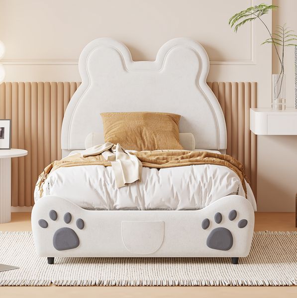 Weißes Bären Polsterbett 90x200 cm Kinderbett In Bärenform Mit Samtbezug Kuschelbett Fantasie Förderndes Design Spielbett Mit Lattenrost