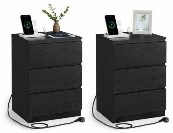 'Vasagle' Nachttisch mit 3 Schubladen (2er Set), 2 AC-Steckdosen / 2 USB-Anschlüsse, Holz ebenholzschwarz, 59 x 35 x 40 cm