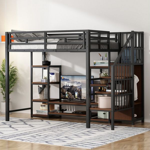 Flieks Hochbett Kinderbett 90x200 cm mit TV-Ständer, Steckdose und Stauraumtreppe