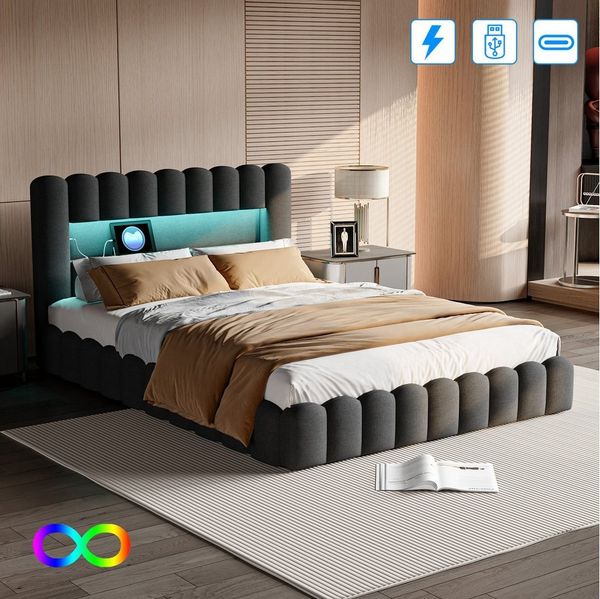 Gdood Polsterbett Stauraumbett Doppelbett LED, Leinenstoff/Samtstoff (1-tlg, Type-C + USB, Hydraulisch hebbarer Stauraum), Mit Bettkasten, LED-Beleuchtung, USB-Anschluss, 140x200 cm