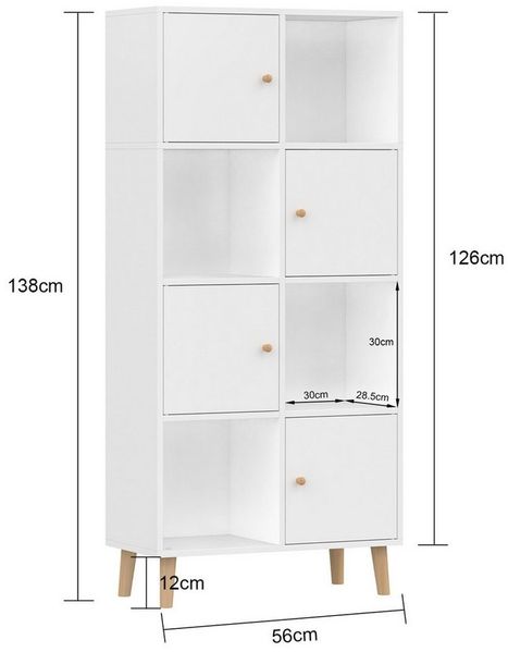 JEOBEST Bücherregal Bücherschrank, Standregal, Aufbewahrungregal mit 4 Türen, 4 Fächer, Holzregal, 56 x 30 x 138cm