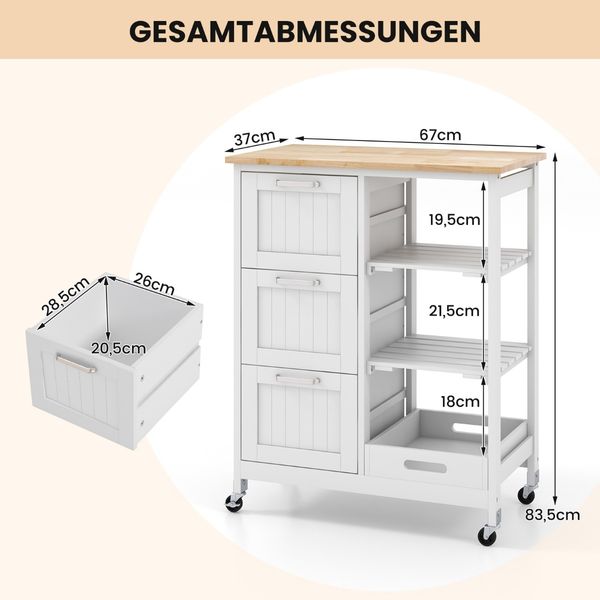 Küchenwagen Rollbare Kücheninsel Servierwagen mit 2 Ebenen Lagerregal Weiß 67 x 37 x 82,5 cm
