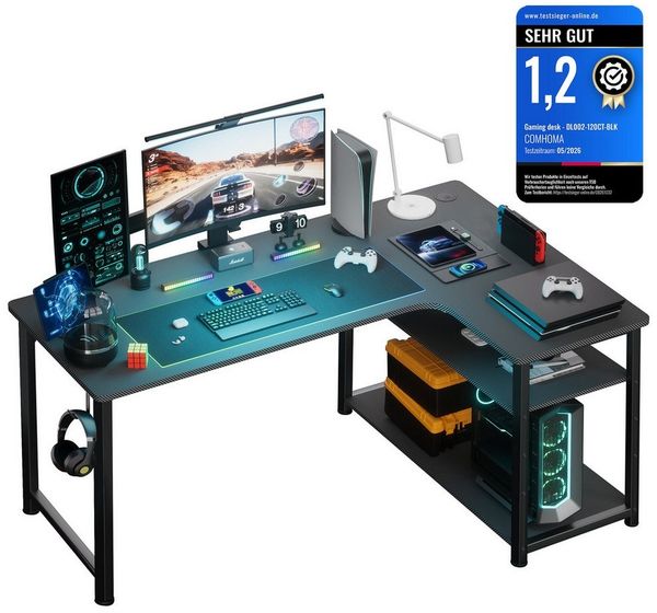GTPLAYER Schreibtisch Gaming Tisch Eckschreibtisch mit Regal USB-Ladeanschluss und Steckdose (1 Tisch), 120/100cm Computertisch L Form, PC Tisch für Büro, Heimbüro