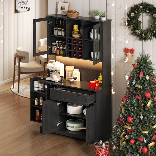 Buffetschrank 105 x 40 x 180 cm, schwarz, aus MDF, mit LED-Beleuchtung, Steckdose und Glastüren