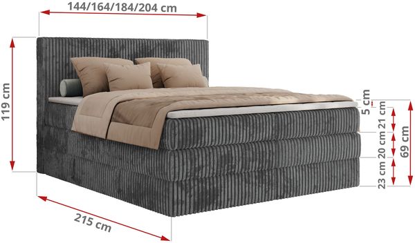 Boxspringbett, Doppelbett mit zwei Bettkästen und Multipocket-Matratze, Cord Bett - TILIANO KING - 160 x 200 cm - Grau Cord - H4 Bild 6