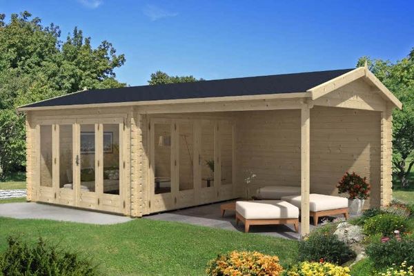 Alpholz Gartenhaus Freiburg Gartenhaus aus Holz Holzhaus mit 44 mm Wandstärke inklusive Terrasse Blockbohlenhaus mit Montagematerial