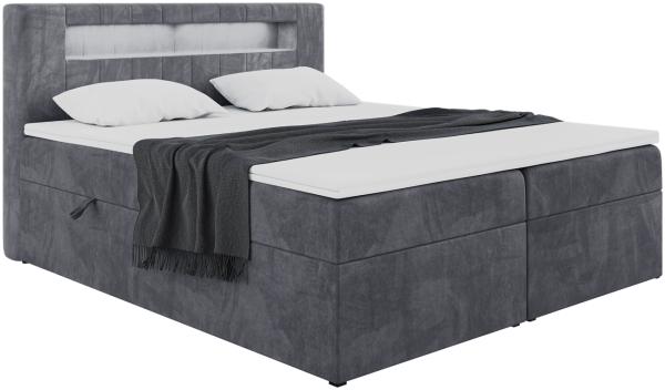 MEBLINI Boxspringbett ASPIN 160x200 cm mit Bettkasten und LED - H3/Dunkelgrau Samt Polsterbett - Doppelbett mit Topper & Taschenfederkern-Matratze