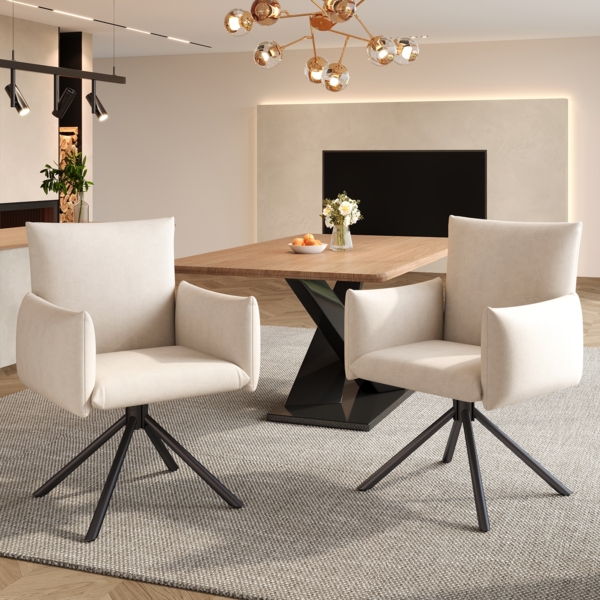 2er Set Beige Drehbarer Polsterstuhl mit Armlehne,Samt Esszimmerstuhl mit 360°Drehfunktion mit Rückenlehne und Metallbeinen