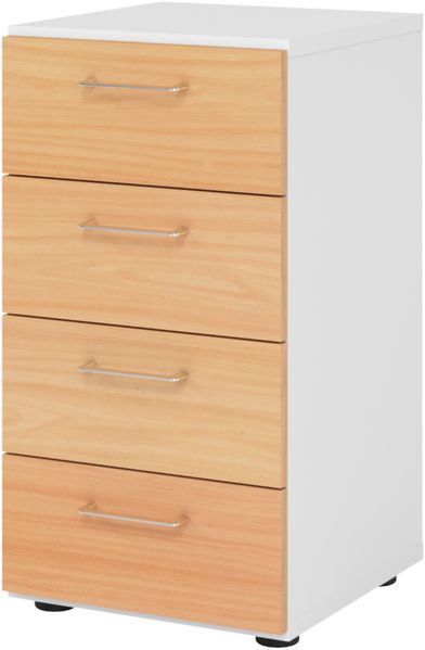 bümö smart Schubladenschrank, Büroschrank in Weiß/Buche mit 4 Schüben - Bürocontainer aus Holz, Container mit Metallgriffen & Soft-Stop Schubladen, 924S4-W-6-BS