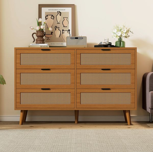 Kommode mit 6 Schubladen in Walnuss, Retro-Design mit Rattan & Metallgriffen, 120x40x76,5 cm