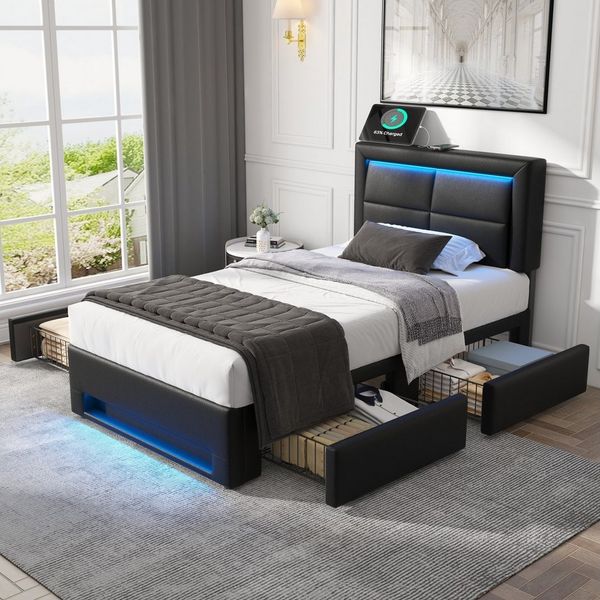 Flieks Polsterbett, LED Einzelbett 90x190 cm mit USB-Anschluss und 4 Schubladen