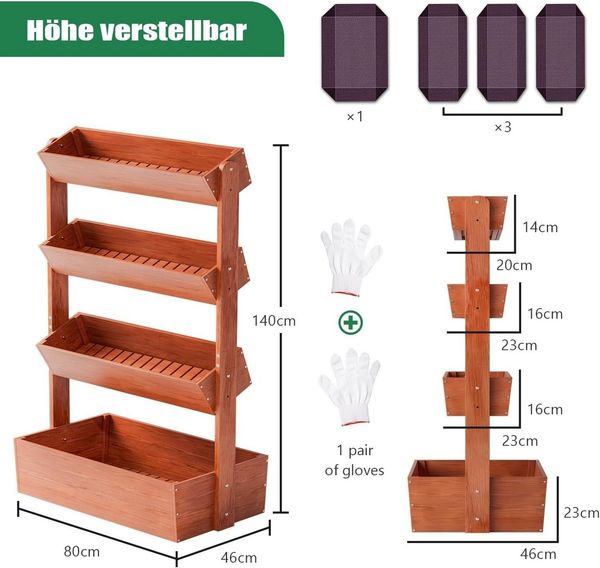 Meulbaty Balkonkasten Holz Hochbeet Blumenkasten, Blumentreppe, Pflanztreppen, robuste Massivholzstruktur, 4-Ebenen-Design Bild 2