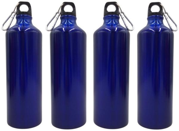 4x Aluminium Trinkflasche 1 Liter blau mit Karabiner Wasserflasche Sportflasche