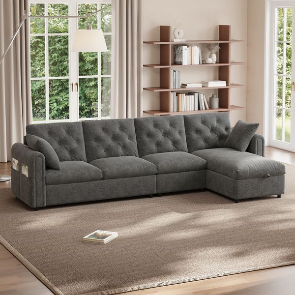 L-förmiges Schlafsofa aus Samt mit Stauraum, Stepp-Rückenlehne, flexibler Kombination, Ecksofa mit Bettfunktion & Tasche, Grau