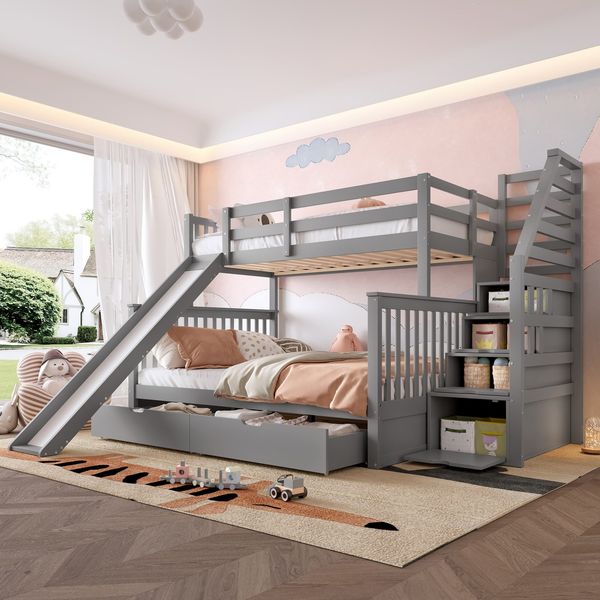 Etagenbett mit 2 Liegeflächen, Schubladen, Stauraum, Lattenrost, Rutsche, 90x200 cm/140x200 cm, Holzbett, Kinderbett, Kiefer
