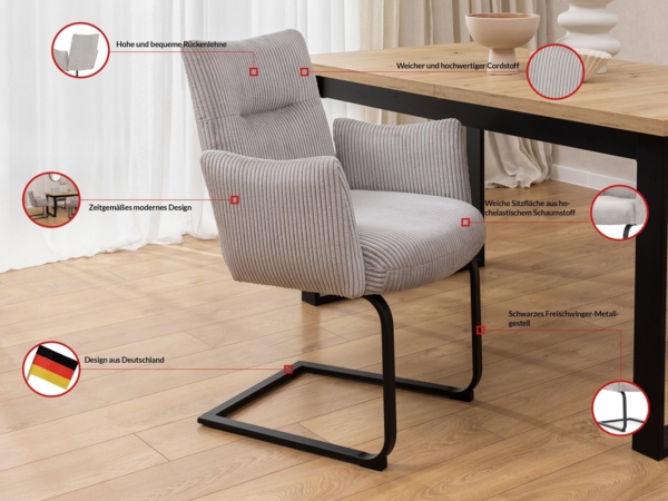 S-Style Möbel Polsterstuhl Hera aus grauem Cord mit Freischwinger-Gestell aus schwarzem Metall Bild 2