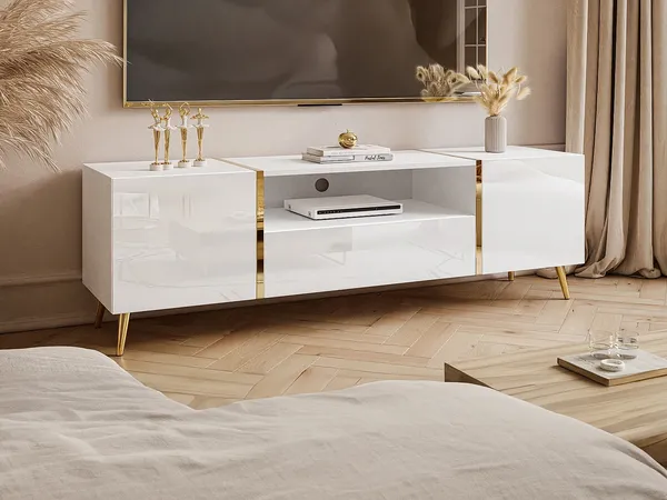 Vente-unique - MARZIALO TV unit Holz, Platte WeißGold - B 41 cm x H 51,8 cm x L 158 cm